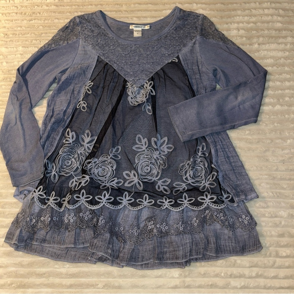 Boho Lace Floral Fairy Indie Festival Blue Tunic Long Feratelli‎ Size Medium
